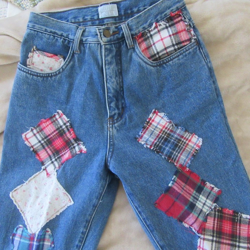 Vintage 80s 90s Hippie Patchwork Moda Int'l Mom Jeans w. tapered leg size 4